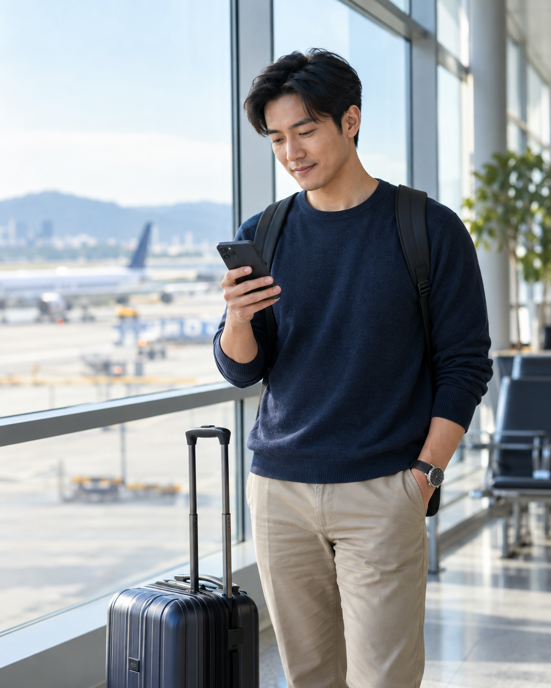 Traveler reviewing travel information at the airport